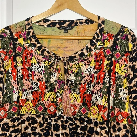 JOHN MARK Women Size XL Tunic Top Embroidered Mixed Print Tassel Artsy Boho - Picture 3 of 11